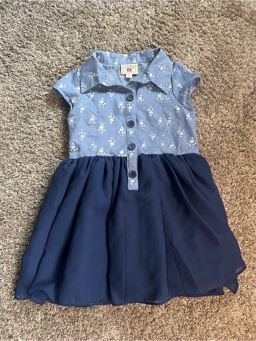 Girls' Blue Floral Chambray Top Dress with Navy Skirt